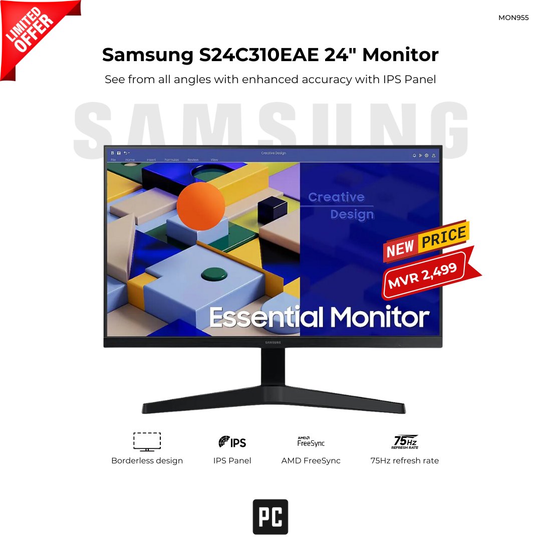 pcMaldives's tweet photo. Samsung S24C310EAE 24" Monitor - ✅ MVR 2,499.00

🛒 Shop Online:
https://t.co/GBEN0q7Ctx

🚛 Free Delivery in Malé, Hulhumalé, and up to boats.

#samsung #IPS #monitor #AMD #FreeSync #PC #Maldives https://t.co/uqOPLXjYCk