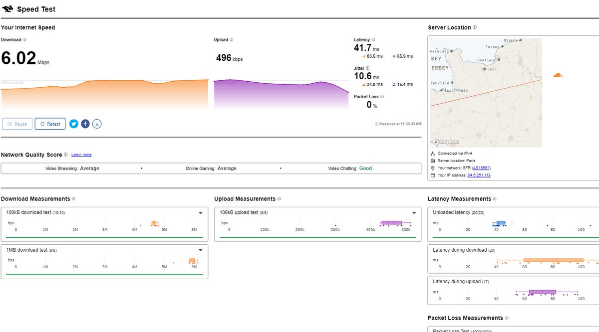 Couldfare propose un outil de test de vitesse de connexion avec les résultats affichés dans un joli tableau de bord - speed.cloudflare.com
#outils #internet