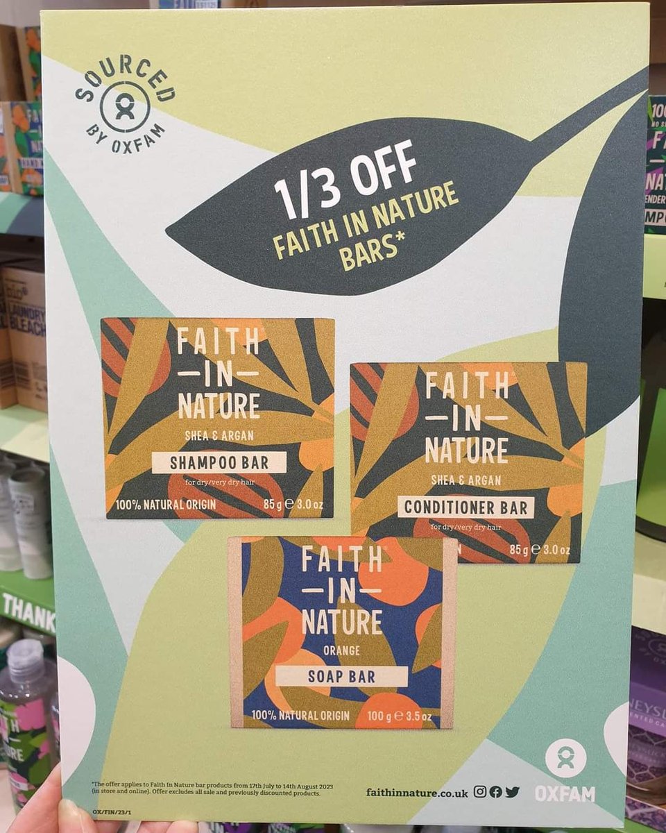 Offer ends on Monday! Last chance for this great offer at your local #Oxfam #Harpenden shop with one third off all @FaithInNature soap, shampoo & conditioner bars! Come down and choose your favourites at 3, Harding Parade! We're open from 10am to 5pm Mon to Sat (4pm Wed).