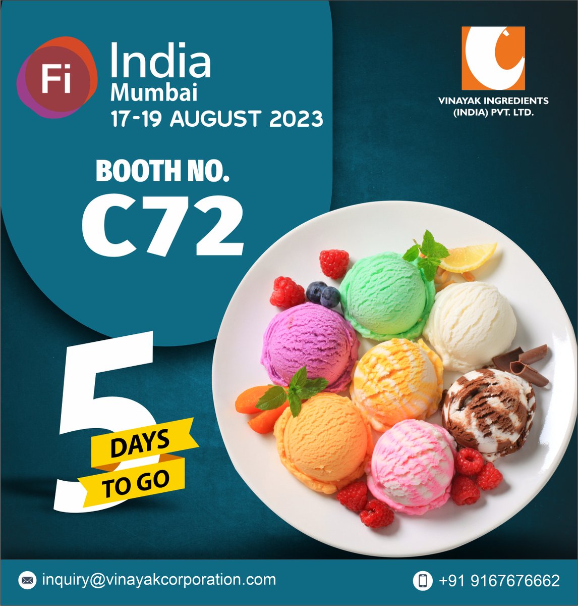 VinayakCorp's tweet image. Visit us at Fi India #Booth_C72 for a worthwhile experience, where our Food Team would be waiting to assist you.
Years of trust and consistent quality of products make us shine.

#ecocol #naturalfoodcolor #vinayakcorporation #ecocolfoodcolor #naturalfoodcoloring #foodadditives