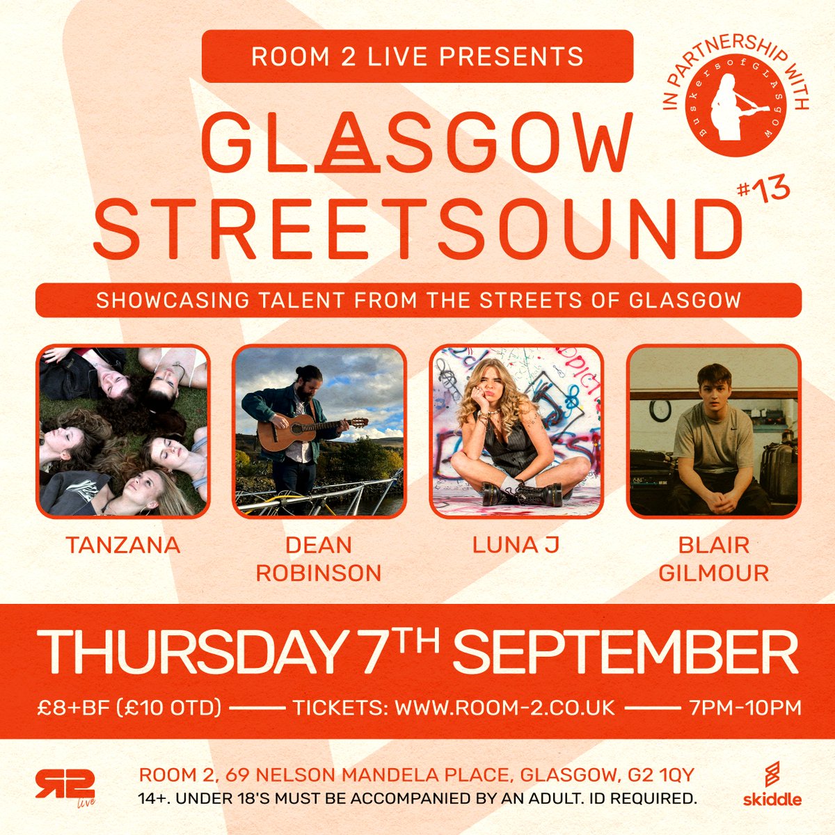 #GlasgowStreetsound #13 in partnership with <a href="/buskglasgow/">BuskersofGlasgow</a> is back on Thursday 7th September!

1⃣ Tanzana
2⃣ Dean Robinson
3⃣ <a href="/MusicbyLUNAJ/">LUNA J</a> 
4⃣ Blair Gilmour

<a href="/skiddle/">Skiddle</a> 🎟️ skiddle.com/e/36490052

14+.