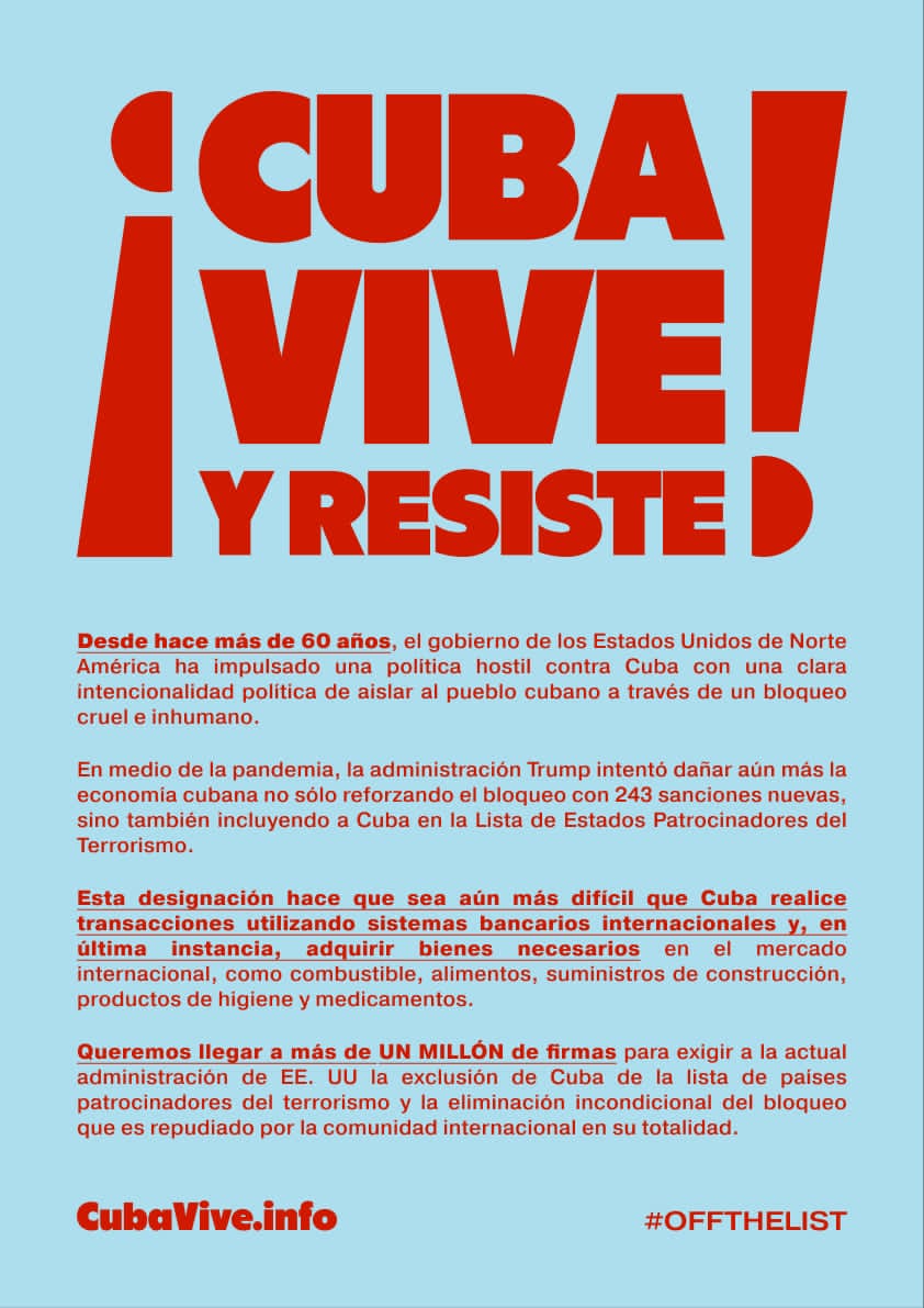embacubachipre's tweet photo. #ContigoYo me sumo al Llamamiento global URGENTE por *un millón de firmas para presionar al gobierno de EE.UU. para que revise su decisión arbitraria y saque a Cuba de la lista de Estados patrocinadores del terrorismo.
 #FueraDeLaLista https://t.co/ZWulX5Wlbo