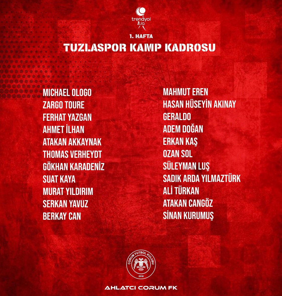 corumsporluyuz's tweet photo. Ahlatcı Çorum FK'nın, Tuzlaspor maçındaki kamp kadrosu belli oldu. https://t.co/l9fWgWSZNe