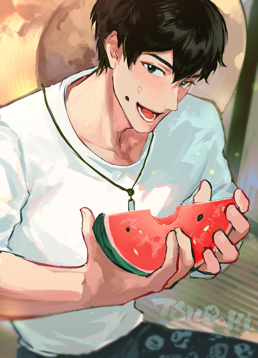 watermelon food 1boy male focus fruit solo holding food  illustration images