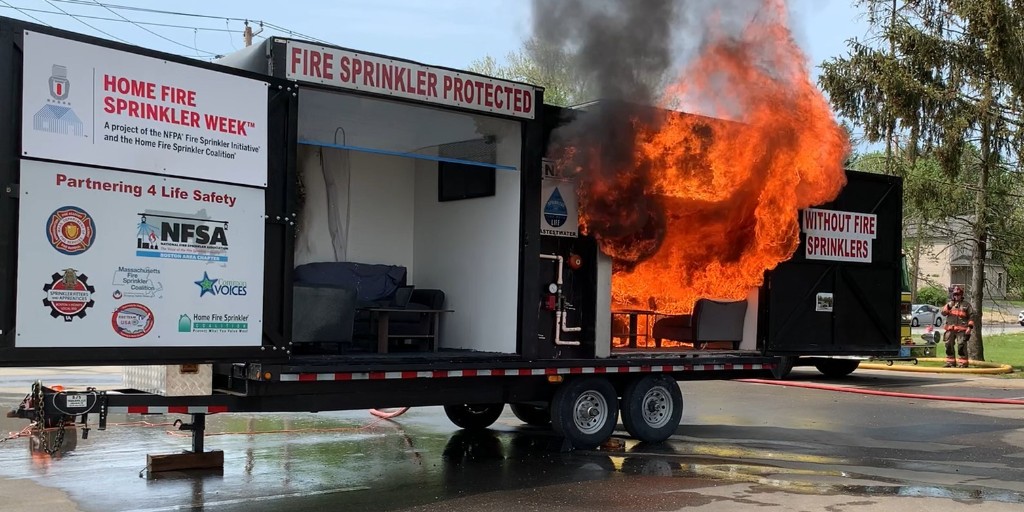MassDFS's tweet photo. The DFS #HomeFireSprinkler trailer is ready to go! The #LancasterMA Fire Department will be holding a #FireSprinkler demonstration at @TheBoltonFair today. The #FastestWater protects people, pets, and property. See it in action at about 2:00: https://t.co/V6Dod3o2os https://t.co/5ktSTyz2xn