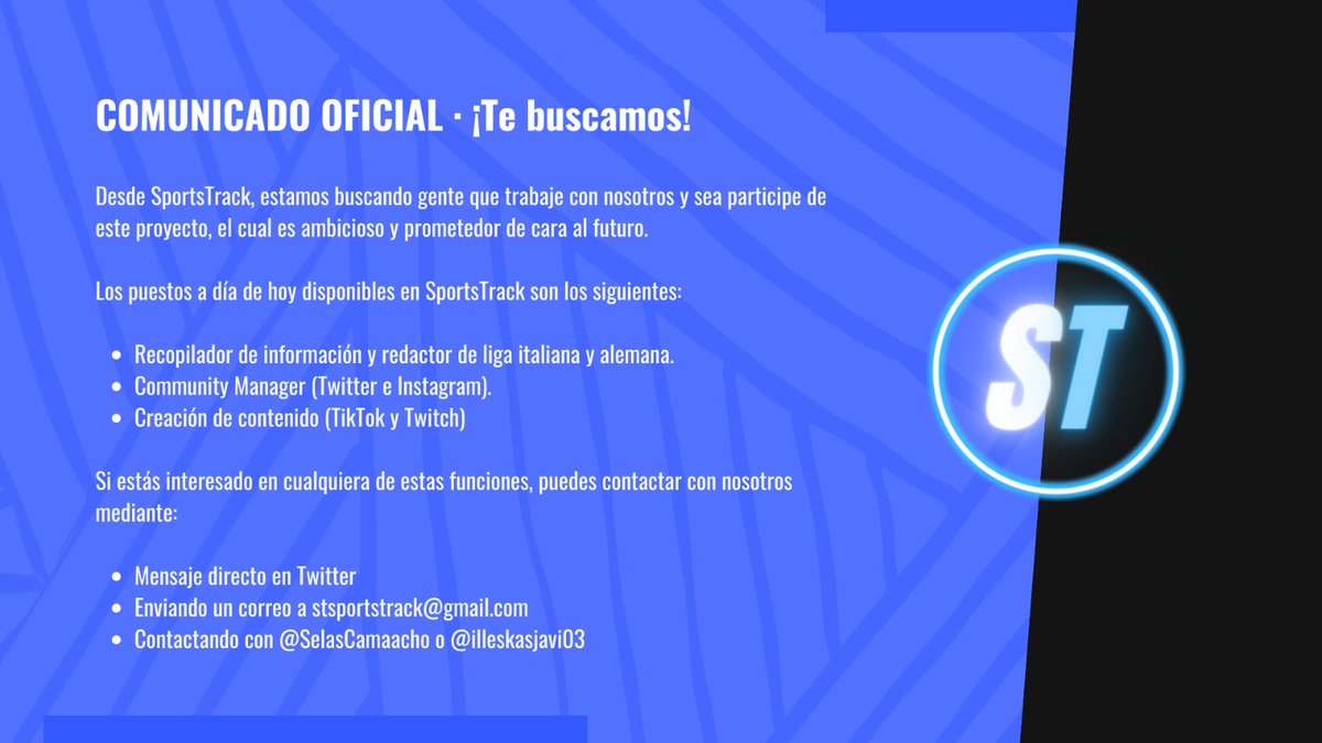 🚨 COMUNICADO OFICIAL 🚨

👉 Si estás interesado en cualquiera de los siguientes puestos, o crees que puedes entrar en SportsTrack, contáctanos.