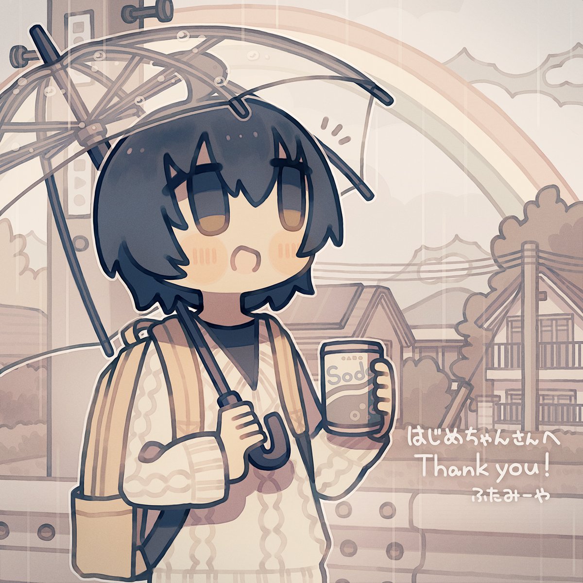 1girl holding umbrella solo bag rain short hair  illustration images