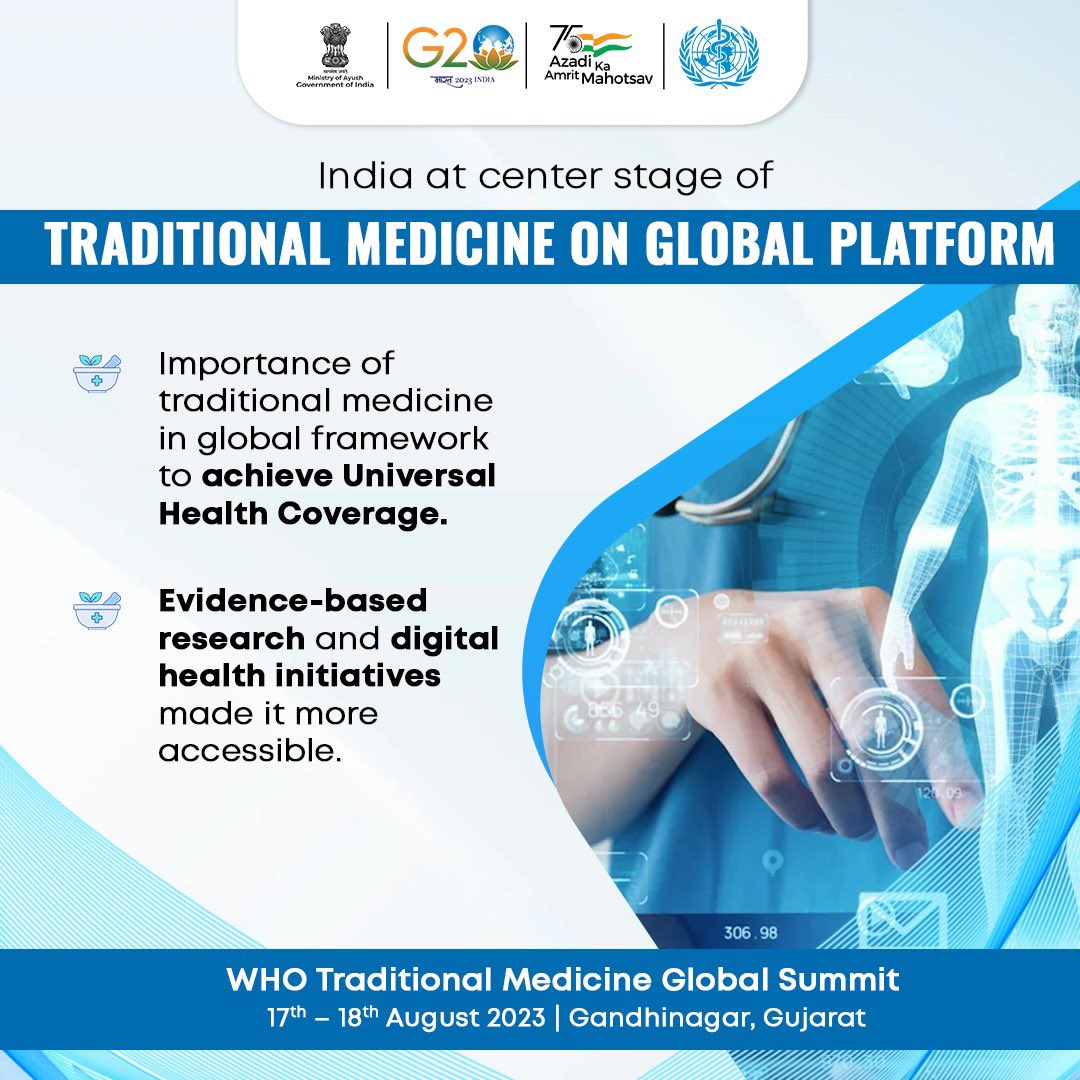 The first ever <a href="/WHO/">World Health Organization (WHO)</a> Traditional Medicine Global Summit, co-hosted by @MoA, will explore the pivotal role of traditional, complementary, and integrative medicine in advancing Universal Health Coverage (TCIM)

#WHOGlobalSummitOnTM
#TM4GlobalHealth 
#WHOGCTM
