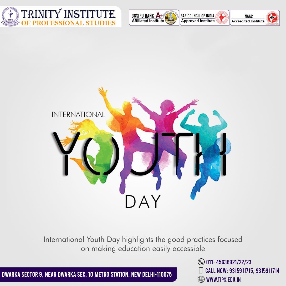 TrinityDwarka's tweet photo. International Youth Day highlights the good practices focused on making education easily accessible.Trinity Institute of Professional Studies wishes you all a happy Youth day. 

Learn more: https://t.co/M4zihna94F

#trinitydwarka @ggsipu #students #ipu #youthday #youth #interna https://t.co/WrXFMVLug0