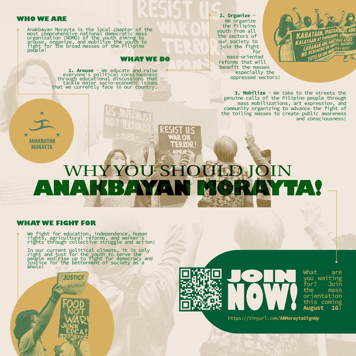 AnakbayanFEU_'s tweet photo. WALA KA PA BA ORG? SIGN MO NA TO JOIN ANAKBAYAN MORAYTA!! 🔰✊🏽
ZOOM IN TO READ 🔎
#TatakTamaraw2023
#TamarawsFightBack
#JoinABMorayta https://t.co/88u1EC1HHA