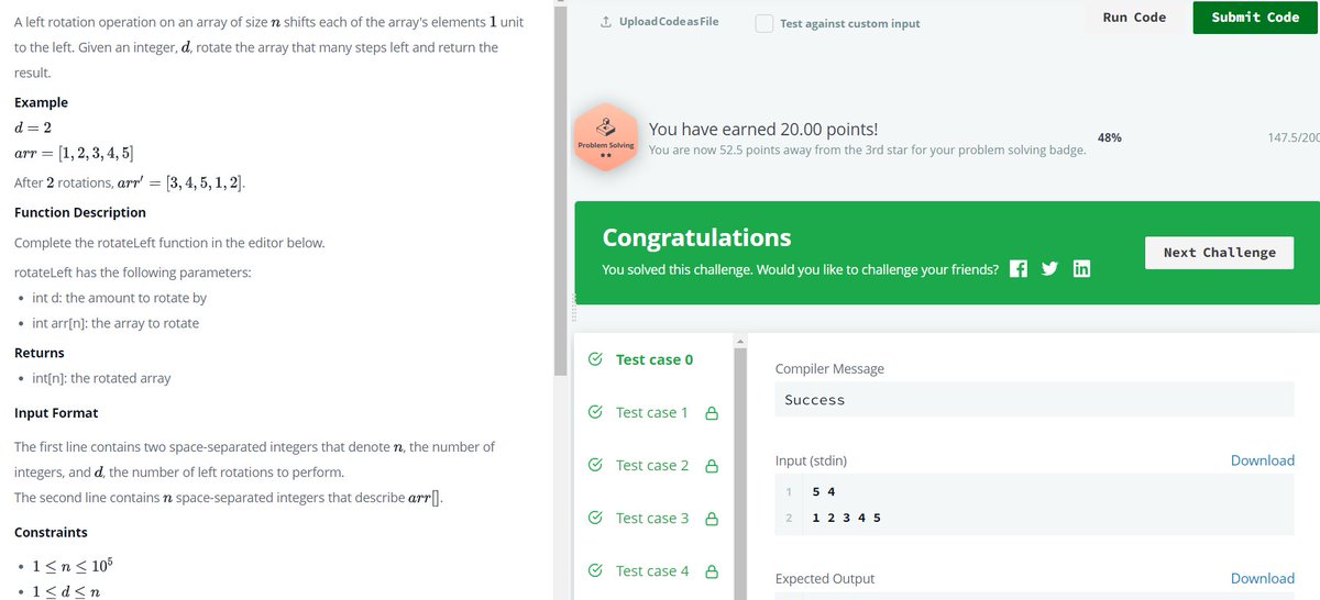 📅 #100DaysOfCode Day 24 Update! 🚀 🔄 Cracked the left rotation problem on HackerRank! Logic, check. Rotation, check. Problem, solved! 🎉💡 #CodingSuccess #ProblemSolved
🌟Star Status: Just 52 points away from the next one in problem-solving! On the verge of reaching new heights