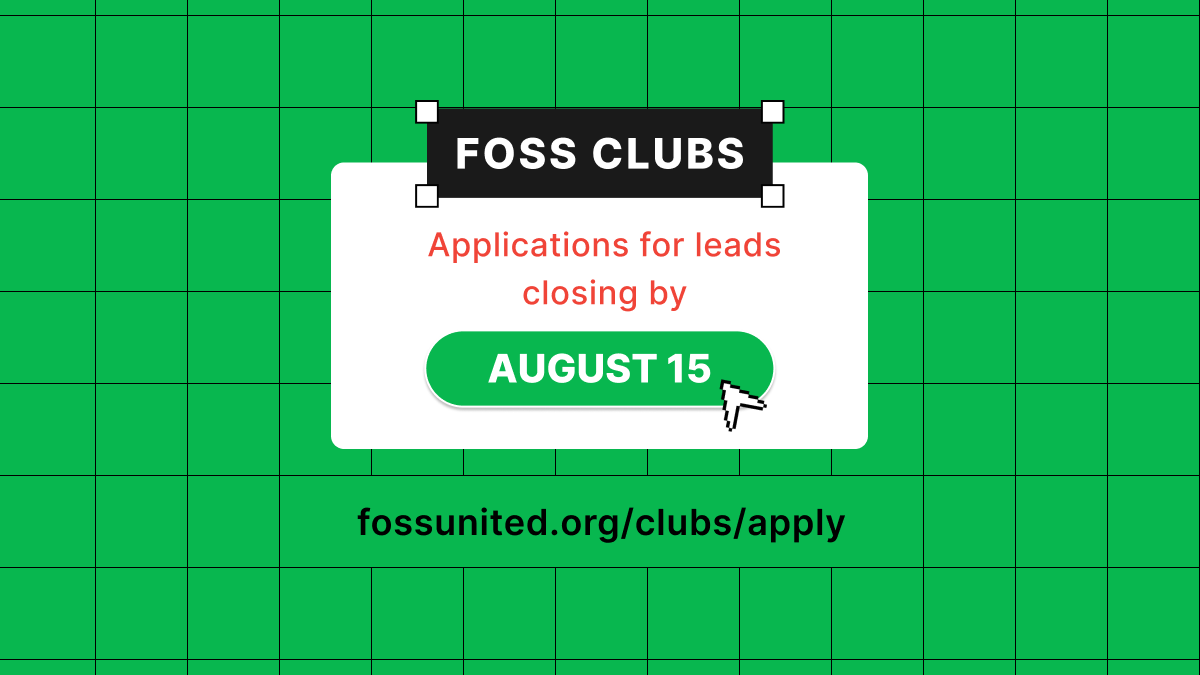 FOSSUnited's tweet photo. The deadline is approaching! π
Applications for FOSS Club Leads will be closing by Aug 15, midnight π
Ace to submit your application at https://t.co/HBRShcXi7v
#FOSSClubs #UnitedByFOSS https://t.co/WdUCEZclja