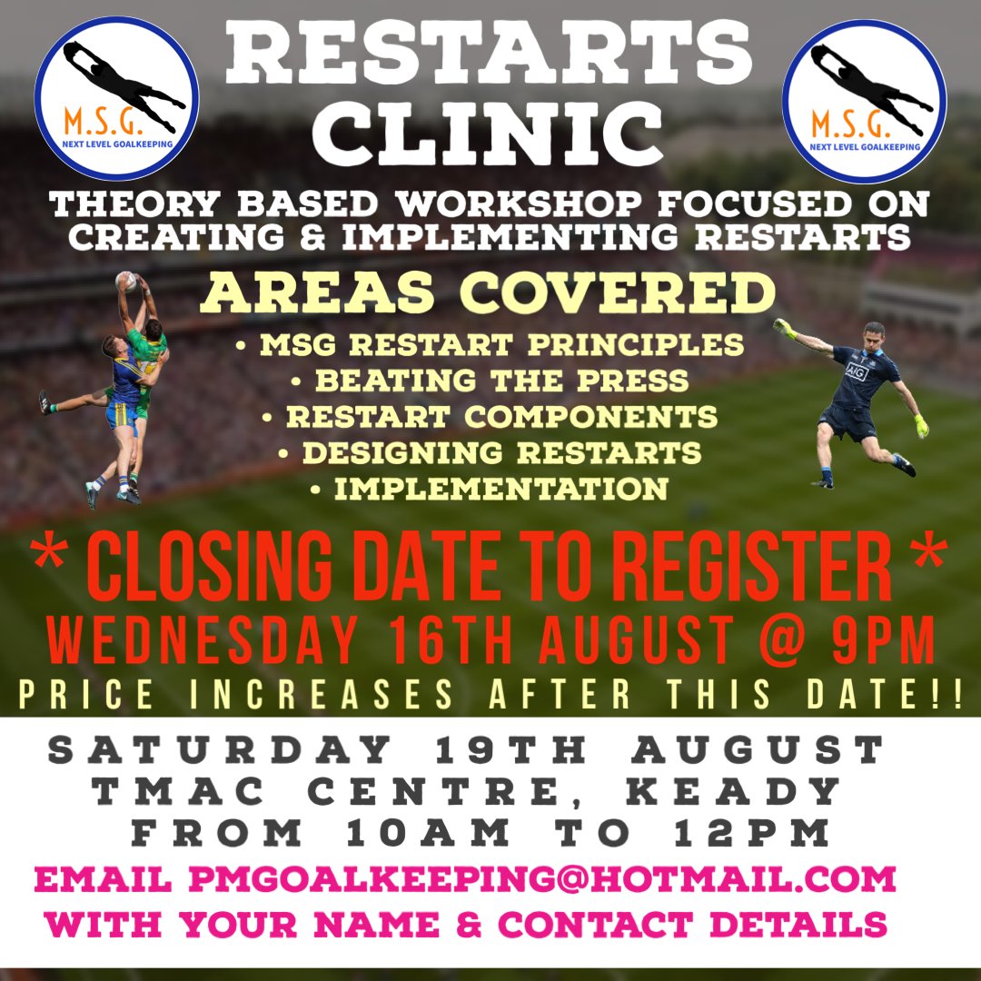 ⚽️ RESTARTS CLINIC REGISTER NOW ⚽️ 

* CLOSING DATE FOR EARLY REGISTER *

Wednesday 16th August @ 9pm so REGISTER NOW

PRICE INCREASES AFTER THIS DATE

LIMITED SPACES REGISTER NOW!!

A great days learning to be had and a fantastic opportunity to further your coaching ability!