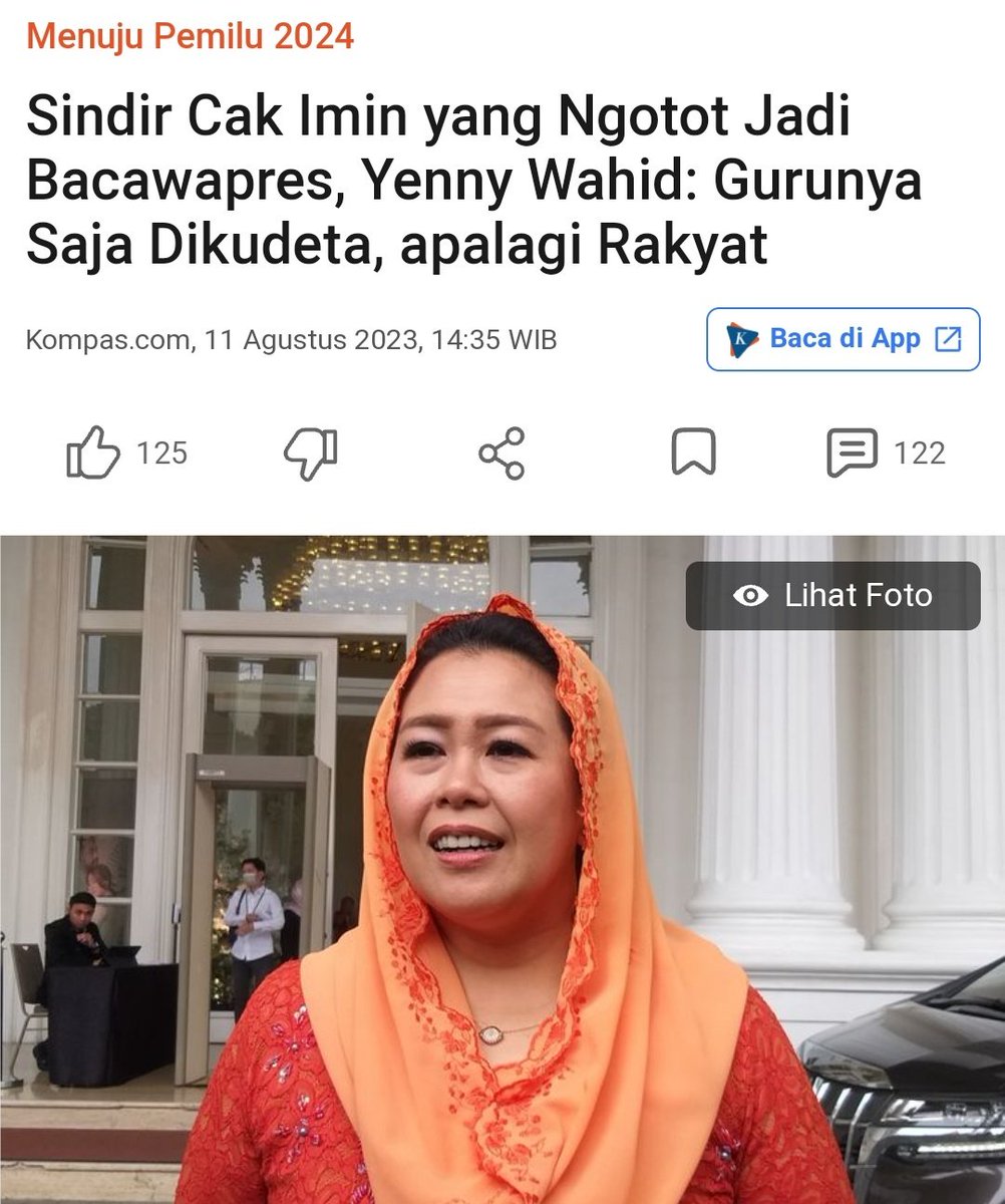 Mbak Yenny Wahid mengatakan, Dirinya dan keluarga akan menarik diri Jika Prabowo jadikan Cak imin sebagai wakil presiden.

Menurutnya susah mempercayai Cak Imin, Gus Dur yang dia anggap guru aja dikudeta, apalagi rakyat.
Susah mempercayai Cak Imin. 😲