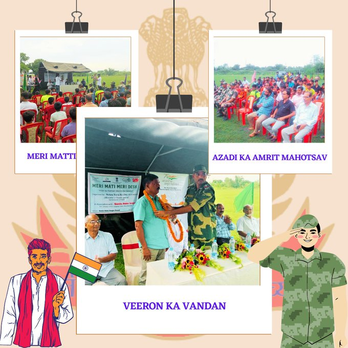 Aaban_Kashmiri's tweet photo. To commemorate #AzadiKaAmritMahotsav, Retired pers were lauded for their nation's service, a tribute was paid by #Praharis of 35 Bn #BSF and NGO Gamila Nabin Sangha at Murshidabad (WB) and recognized their unwavering commitment to our country. #MeriMattiMeraDesh #VeeronKaVandan https://t.co/y1HqBPZGhs
