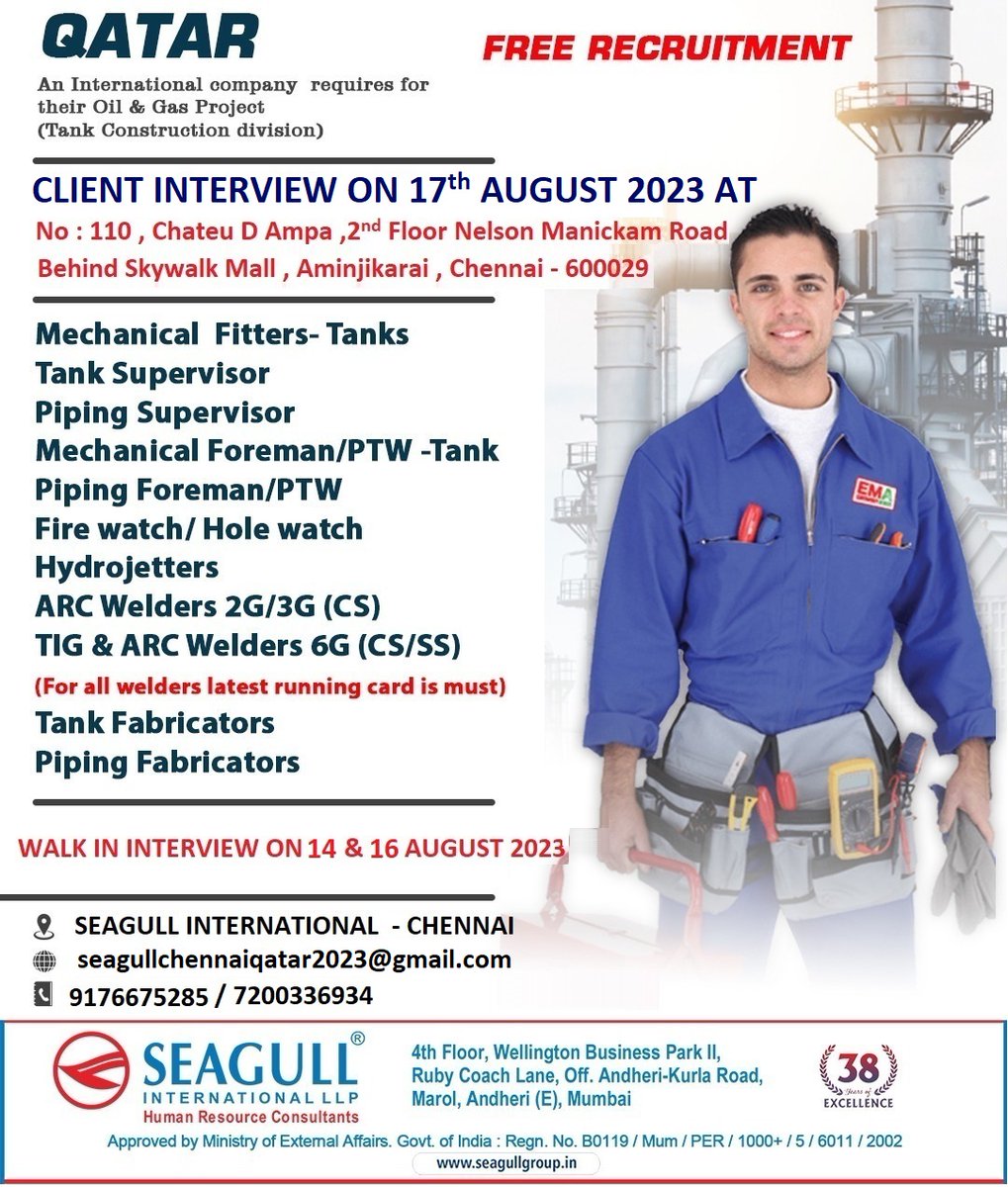 hrd1_seagull's tweet photo. QATAR JOBS
FREE RECRUITMENT
LONG TERM PROJECT
WALK IN INTERVIEW ON 14th &amp; 16th AUGUST 2023
CLIENT INTERVIEW ON 17th AUAGUST IN CHENNAI
.

.

.
#qatarjobs #chennaijobs #mechanicalfitter #tanksupervisor #pipingsupervisor #mechanicalforeman #pipingforeman #firewatch #holewatch https://t.co/x2GDoTJ6V2