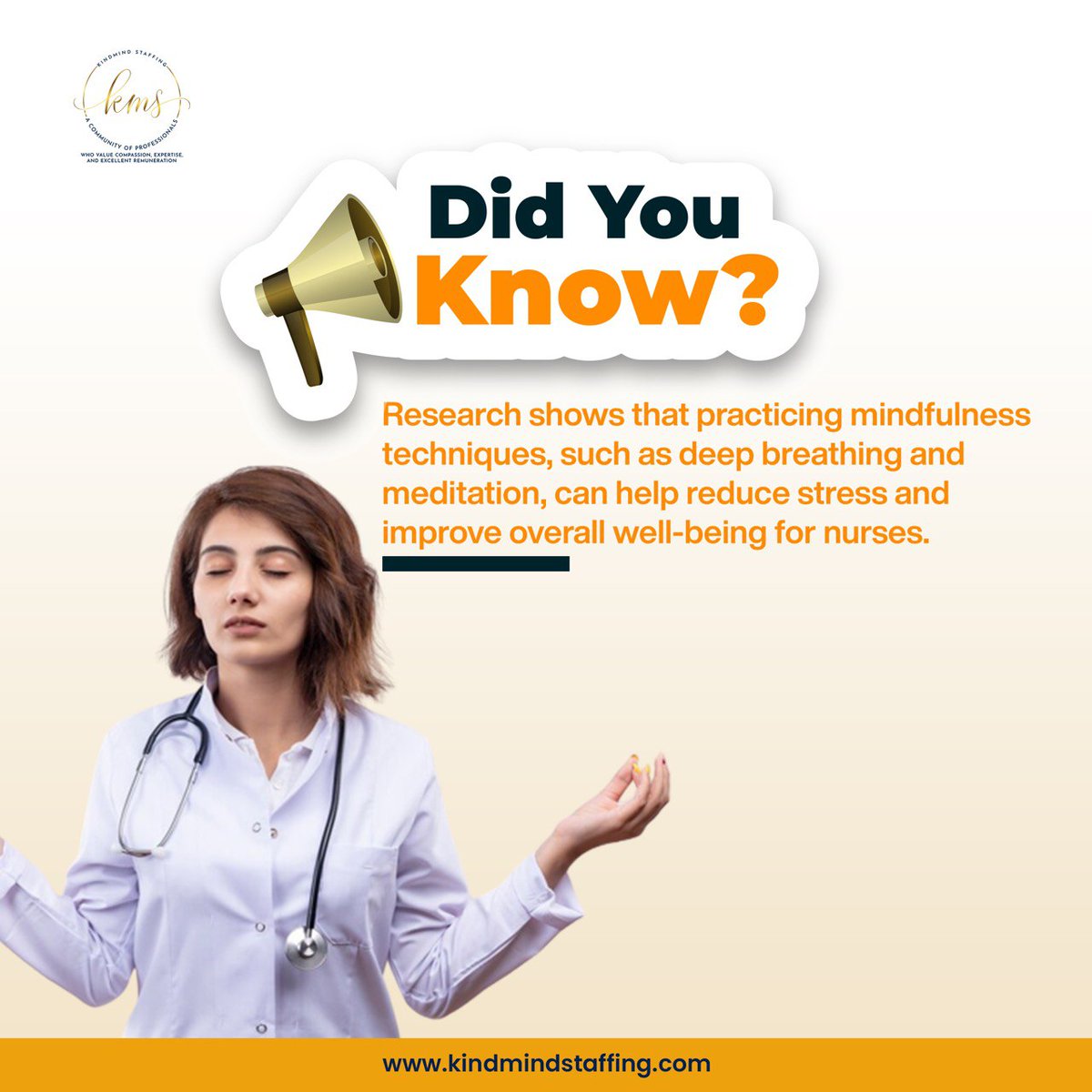 Did you know? 

Research shows that practicing mindfulness techniques, such as deep breathing and meditation, can help reduce stress and improve overall well-being for nurses. Give it a try! 🧘‍♀️💆‍♂️ 

#NurseWellness #MindfulnessMatters #StressRelief