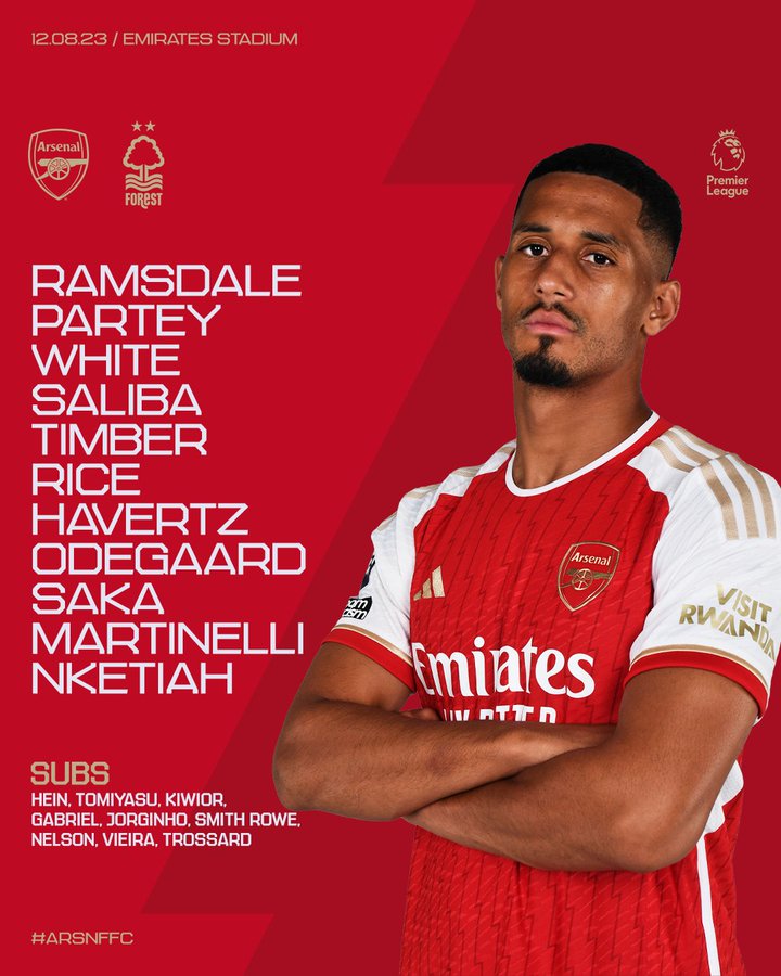 Starting XI: Ramsdale, Partey, White, Saliba, Timber, Rice, Havertz, Odegaard, Saka, Martinelli, Nketiah

Substitutes: Hein, Tomiyasu, Kiwior, Gabriel, Jorginho, Smith Rowe, Nelson, Vieira, Trossard