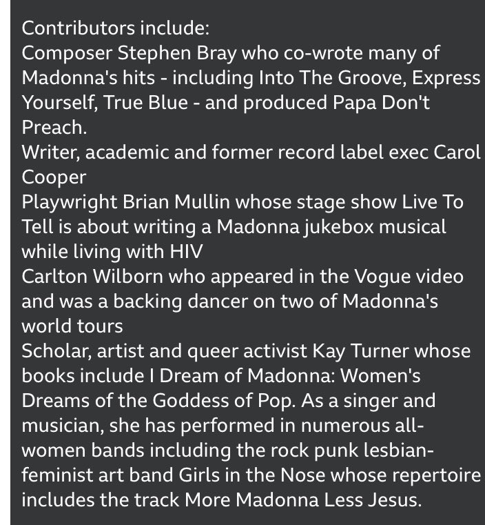 Weds is Madonna’s 65th birthday but TONIGHT 8PM <a href="/BBCRadio4/">BBC Radio 4</a> airs a ★★★★★ doc about her lasting impact, featuring….me?! WTF. I’ll talk HIV, advocacy and the inspirations of <a href="/LiveToTellShow/">LIVE TO TELL</a> with a truly 🔥lineup. After it airs, you can catch it online: bbc.co.uk/programmes/m00…