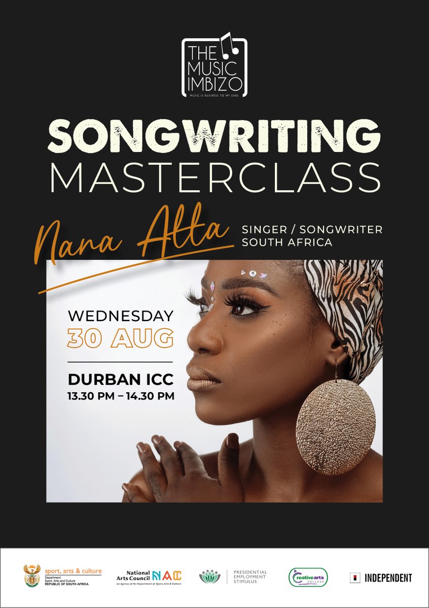 themusicimbizo's tweet photo. 📅 Calling all music enthusiasts! Join us on Wednesday Aug 30, 1:30pm (Durban ICC) for an exclusive songwriting masterclass by the acclaimed Nana Atta at #MusicImbizo2023. Discover her insights into crafting unforgettable melodies and lyrics. 📷#NanaAttaSongwriting https://t.co/QDZ6fykgbQ