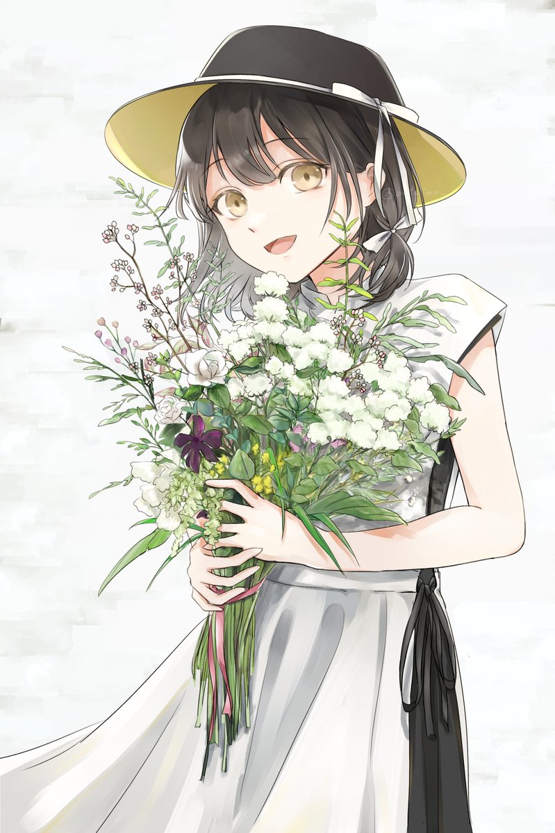 1girl solo hat flower dress bouquet open mouth  illustration images