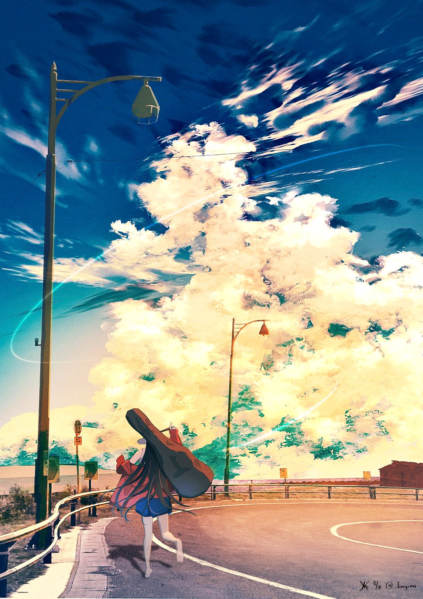 1girl cloud outdoors sky long hair solo lamppost  illustration images