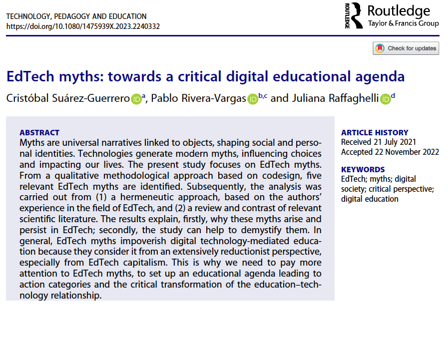 pabloriverabcn's tweet photo. I share this article entitled: "EdTech myths: towards a critical digital educational agenda", which we wrote with my colleagues @JulianaR71 and @cristobalsuarez
 in #TPE (@tandfonline). 
https://t.co/Ln1EkOZy4P
It was hard and long work, but full of new learnings. 
Follow🧵 (1/5) https://t.co/Li7ixDurBW