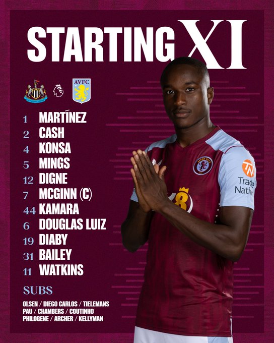 Aston Villa team to face Newcastle United: Martínez, Cash, Konsa, Mings, Digne, McGinn (captain), Kamara, Douglas Luiz, Diaby, Bailey, Watkins. Substitutes: Olsen, Diego Carlos, Tielemans, Pau, Chambers, Coutinho, Philogene, Archer, Kellyman.