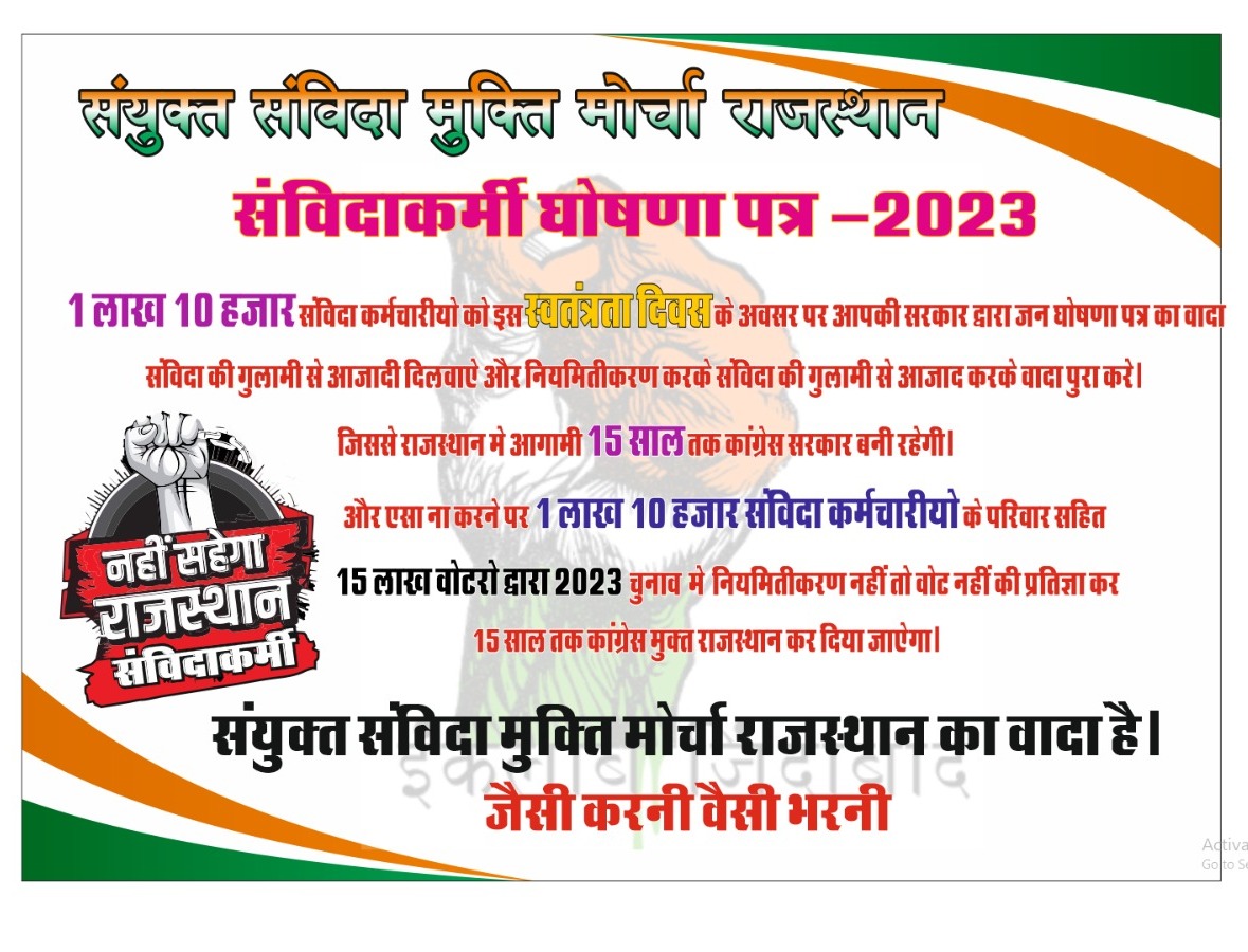 Azajmadani's tweet photo. #संविदाकर्मी_घोषणा_पत्र 
#inc #Congress #news #RajasthanWithNews18 #RajasthanWithBJP #novotecongress #sanvidakarmi https://t.co/PEleQqySos