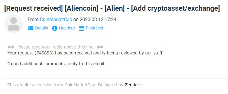 aliencoin666's tweet photo. We are happy to announce that Aliencoin have applied for a listing on @CoinMarketCap 

Our ticket number is #745853

Thank you

#CoinMarketCap #CMC $Alien https://t.co/rEmCgQvhyr