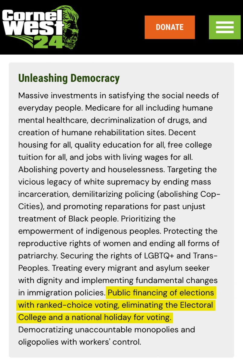 Holden_Culotta's tweet photo. Forwardists: Since we’re the party of election reform, what are your thoughts on the 4 election reforms included in Dr. Cornel West’s 2024 platform?

1) Ranked choice voting
2) Public financing of elections
3) Eliminate the Electoral College
4) National holiday for voting https://t.co/VfmVhZvL9f