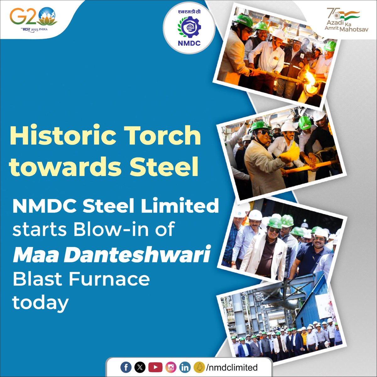 Shri Amitava Mukherjee, CMD (Additional Charge) along with Senior Management of NMDC and NSL, and other stakeholders light up one of the largest blast furnace in the country at NSL, Nagarnar today.

#aatmanirbharsteel #ispatiirada #harekkaamdeshkenaam #steel