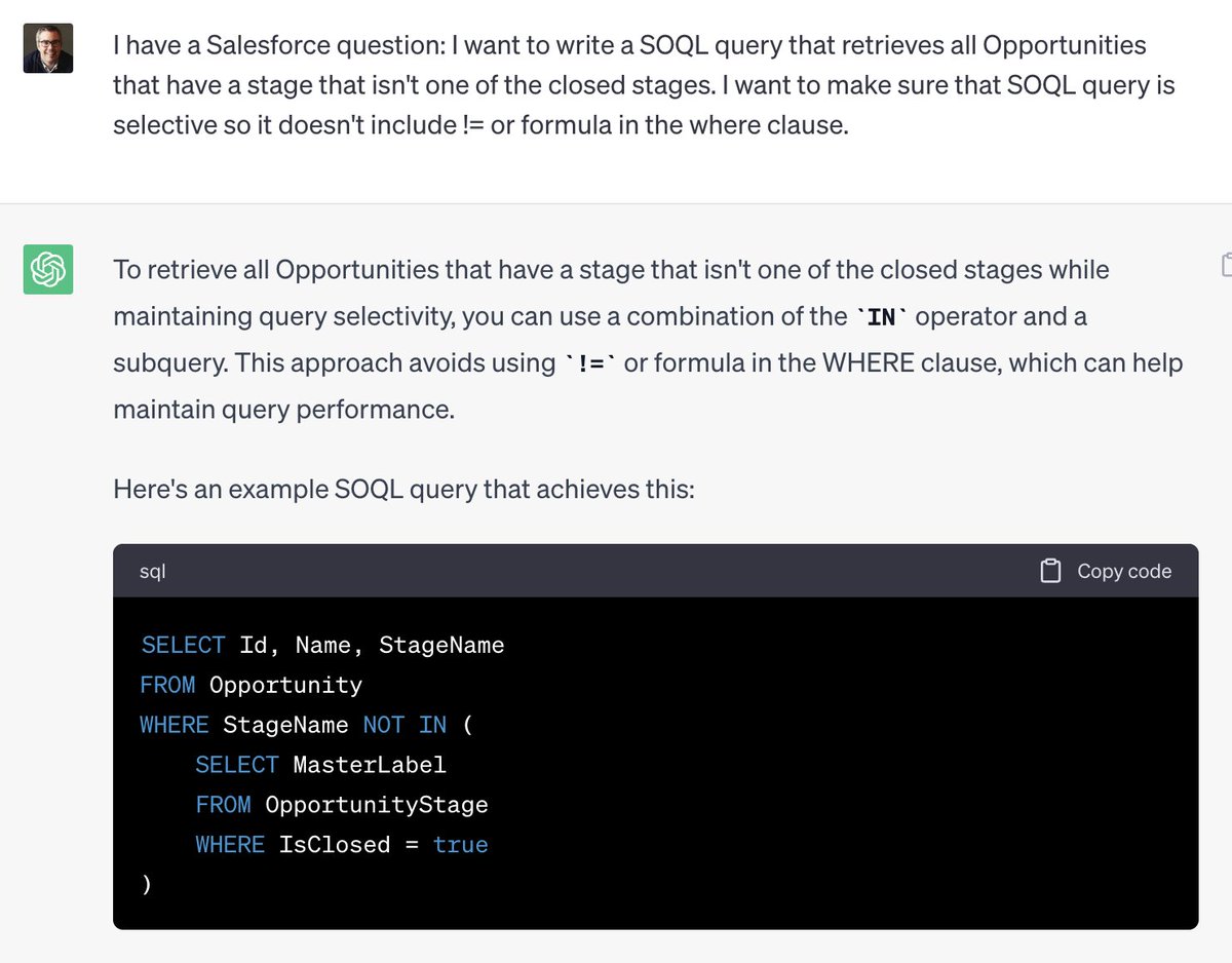 thisBrianShea's tweet image. #SalesforceDev -related #ChatGPT question: I prompted ChatGPT to write a selective SOQL query for a specific Opportunity use case (see screenshot). (1/x)
