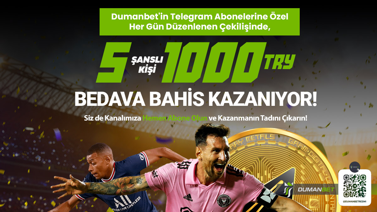 ❤️‍🔥Şans Kapını Çalıyor: Çekilişe Katıl 1.000 TRY Bedava Bahis Ödülünün Kazananı Ol! #Dumanbet'ten 5 Üyeye Tam 1.000 TRY Bedava Bahis! 1.000 TRY bedava bahis kazanmak için; Hemen Bize Katıl - t.me/DumanbetResmi