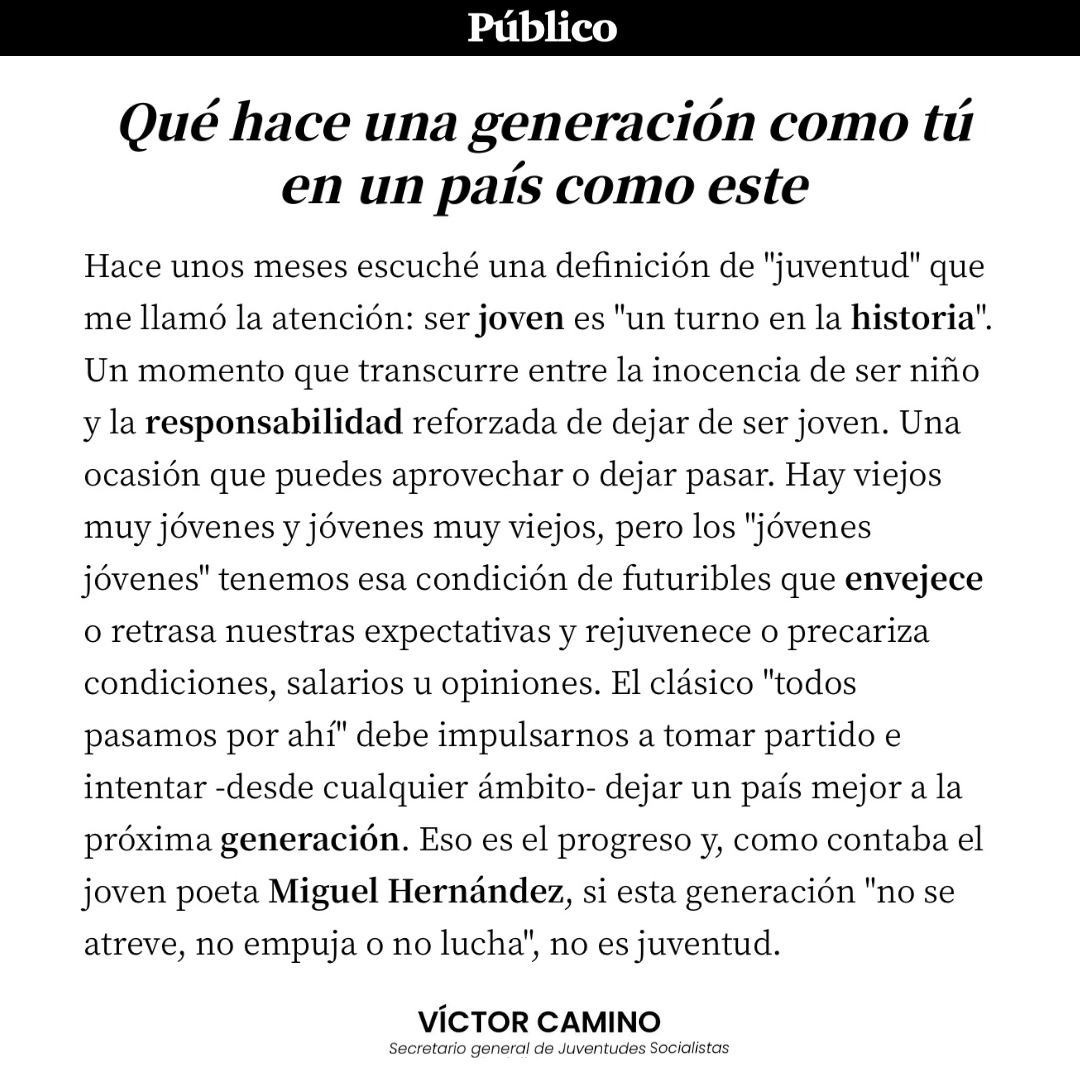 ✏️ #DiaInternacionalDeLaJuventud 

«Hay una reacción que nos coloca como generación de cristal: débiles y quejicas.  Y el cristal roto es el que ponen en el suelo los nostálgicos que no asumen que su turno pasó» <a href="/VictorCaminoVlc/">Víctor Camino</a> 

blogs.publico.es/otrasmiradas/7… — <a href="/publico_es/">Público</a> 💻