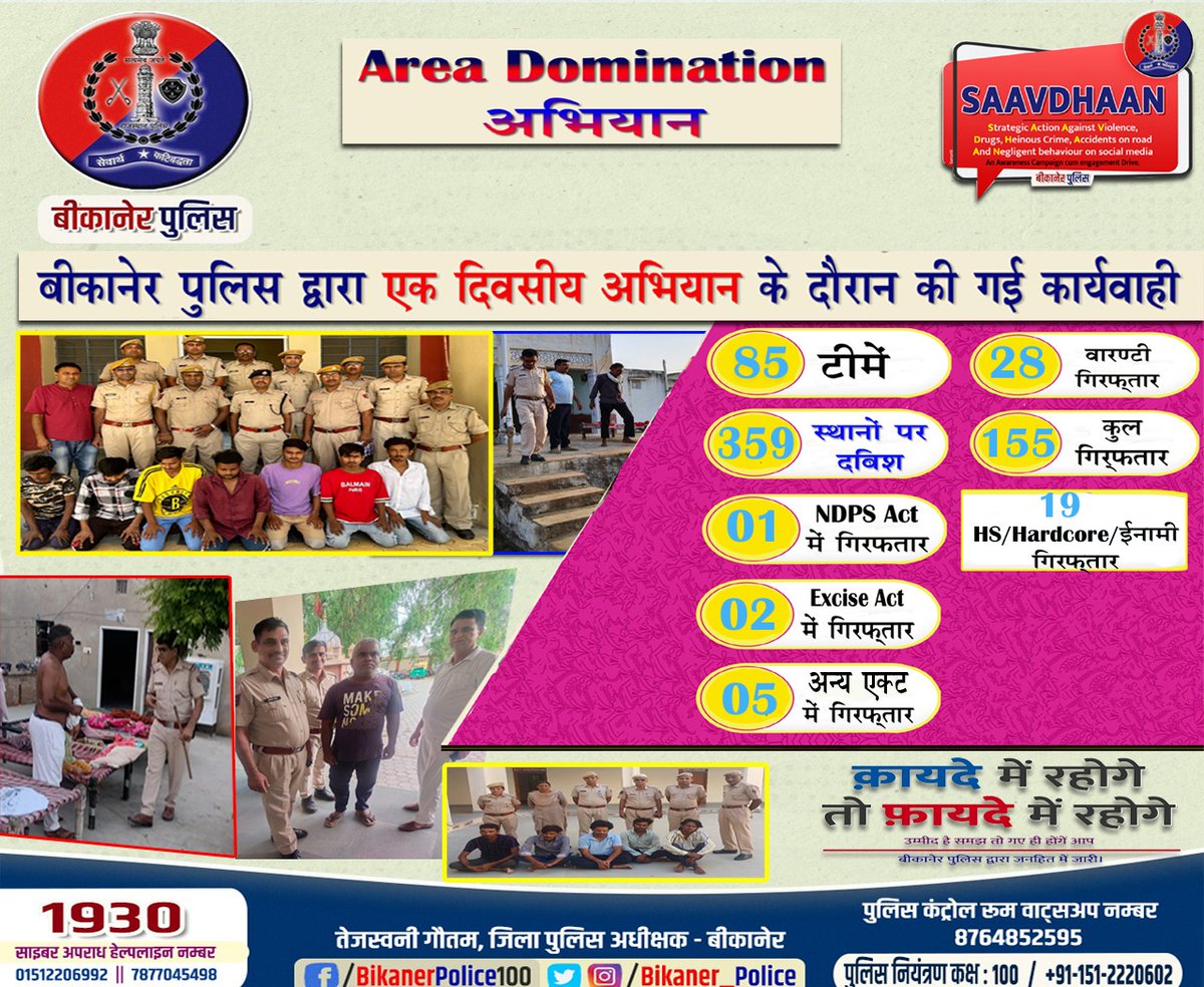 #area_domination_अभियान के तहत कार्यवाही 
#SAAVDHAAN  
#RajasthanPolice 
#bikanerpolice 
<a href="/PoliceRajasthan/">Rajasthan Police</a> 
<a href="/1stIndiaNews/">First India News</a> 
<a href="/NewsSwadeshi/">Swadeshi News Rajasthan</a>