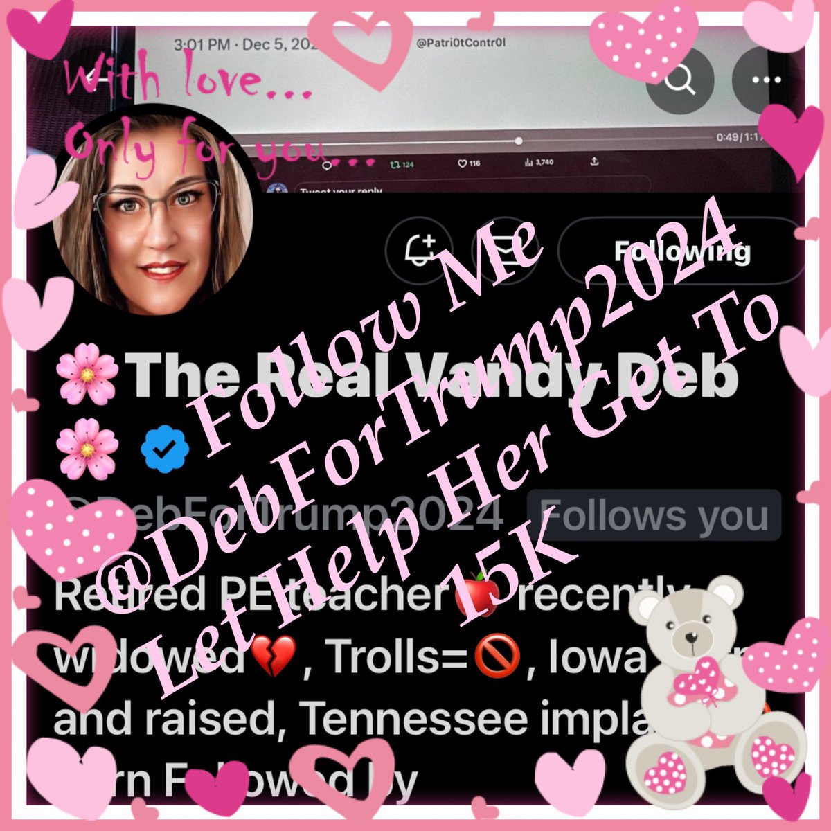 nancy_hamm1's tweet photo. ♥️🇺🇸♥️ RETWEET ♥️🇺🇸♥️
 ♥️Patriots Please Join Me!♥️
          In helping Deb reach
  🕊♥️🕊15K followers🕊♥️🕊
🌹🌹@DebForTrump2024 🌹🌹
      🇺🇸   She is 💯% MAGA  🇺🇸
            ❣️THANK YOU❣️ https://t.co/5V6orpOA0f
