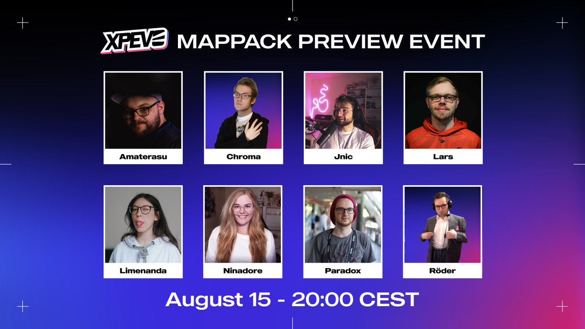 Evo Esports (@evotm) on Twitter photo And here's the final batch of content creators and pro players participating in our #XPEvo Mappack Preview Event:
<a href="/TmAmaterasu/">AmaterasuTM</a>, <a href="/ChromaEUW/">Chroma</a>, <a href="/Jnic_TM/">Jnic</a>, <a href="/Larstm_/">BIG Larstm</a>, <a href="/iLimerencia/">Lime</a>, <a href="/Ninadores/">Ninadore</a>, <a href="/ParadoXonCSGO/">Illuminatu</a> and <a href="/Roeder2033/">Röder</a>!
Don't miss the action on Tuesday, 20:00 CEST! And here's the final batch of content creators and pro players participating in our #XPEvo Mappack Preview Event:
<a href="/TmAmaterasu/">AmaterasuTM</a>, <a href="/ChromaEUW/">Chroma</a>, <a href="/Jnic_TM/">Jnic</a>, <a href="/Larstm_/">BIG Larstm</a>, <a href="/iLimerencia/">Lime</a>, <a href="/Ninadores/">Ninadore</a>, <a href="/ParadoXonCSGO/">Illuminatu</a> and <a href="/Roeder2033/">Röder</a>!
Don't miss the action on Tuesday, 20:00 CEST!