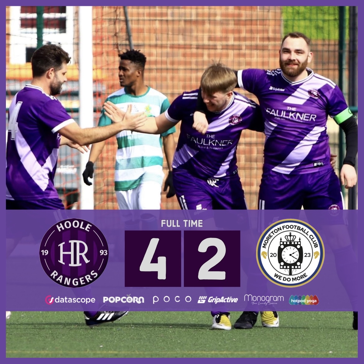 HooleRangers's tweet image. 𝗙𝗨𝗟𝗟 𝗧𝗜𝗠𝗘 ⚽️

#HRFC 4-2 @Moreton118891

⚽️ 5’ @KyleStoddart96
⚽️ 14’ @RPrimrose10
⚽️ 74’ @callumjones278
⚽️ 90+3 @ConnorHowley6

Great start to the season with three points secured in the Sunshine at @CheshireThe 🟣⚪️

@CWFL_Press

#HRFC💜