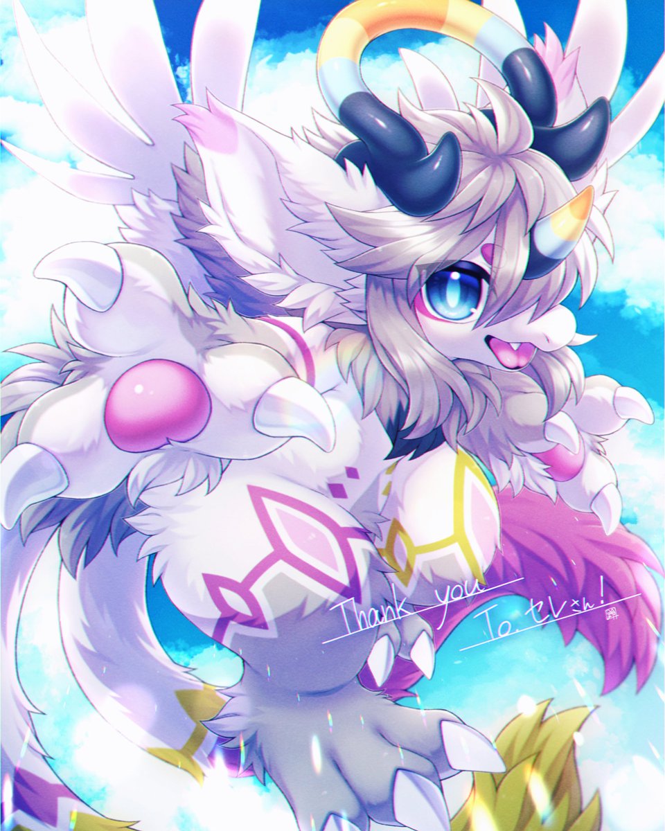 horns blue eyes claws wings open mouth furry white fur  illustration images