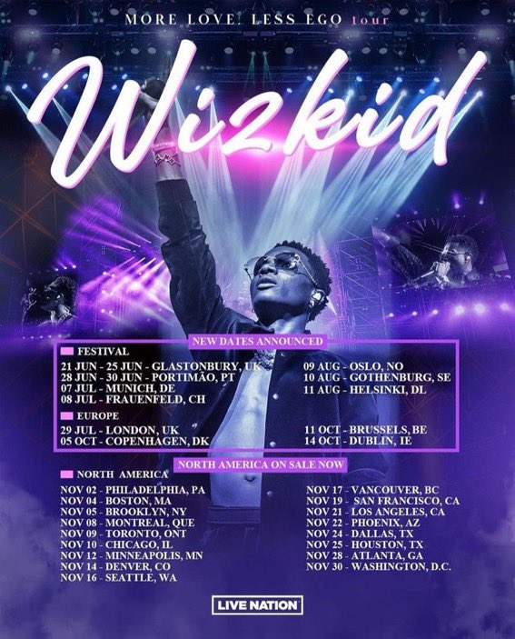 Wizkid is coming to a city close to you nd yours on his world tour
#MoreLoveLessEgoTour  
👇🏻Grab your tickets now 🎫
Wizkidofficial.com