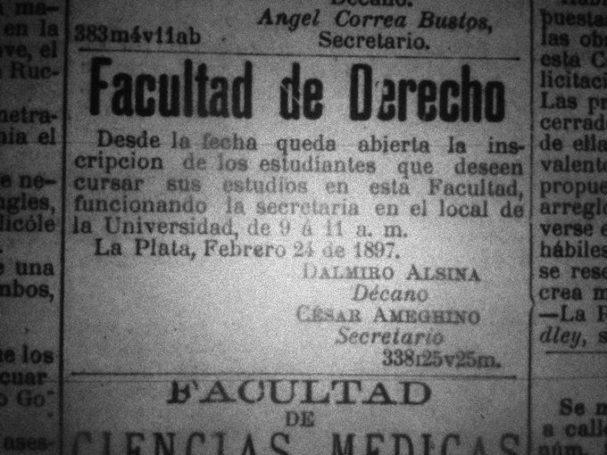 blogdelderecho's tweet photo. 118° aniversario de la @unlp | Aviso de convocatoria a la primera inscripción a Derecho de la entonces Universidad Provincial de La Plata en 1897. https://t.co/YbKEs3qTjb