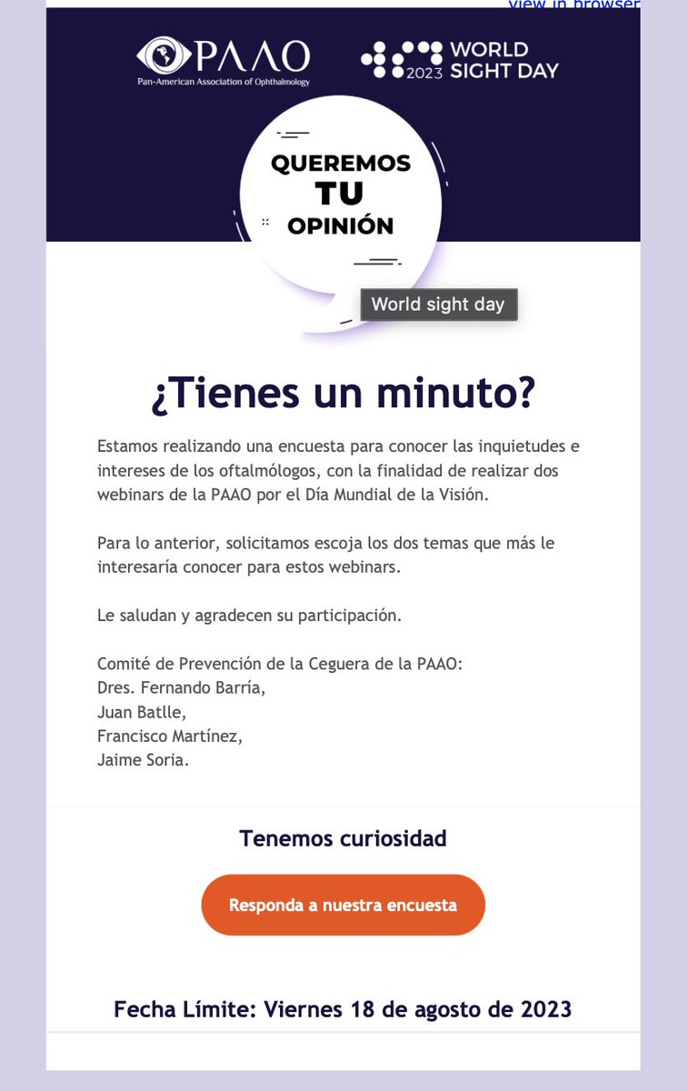 mayorgaeduardo's tweet photo. ¿Tienes un minuto?
Estamos realizando una encuesta para conocer las inquietudes e intereses de los oftalmólogos, con la finalidad de realizar dos webinars de la PAAO por el Día Mundial de la Visión
https://t.co/YhtOTpG9OK https://t.co/akM5dTikRP