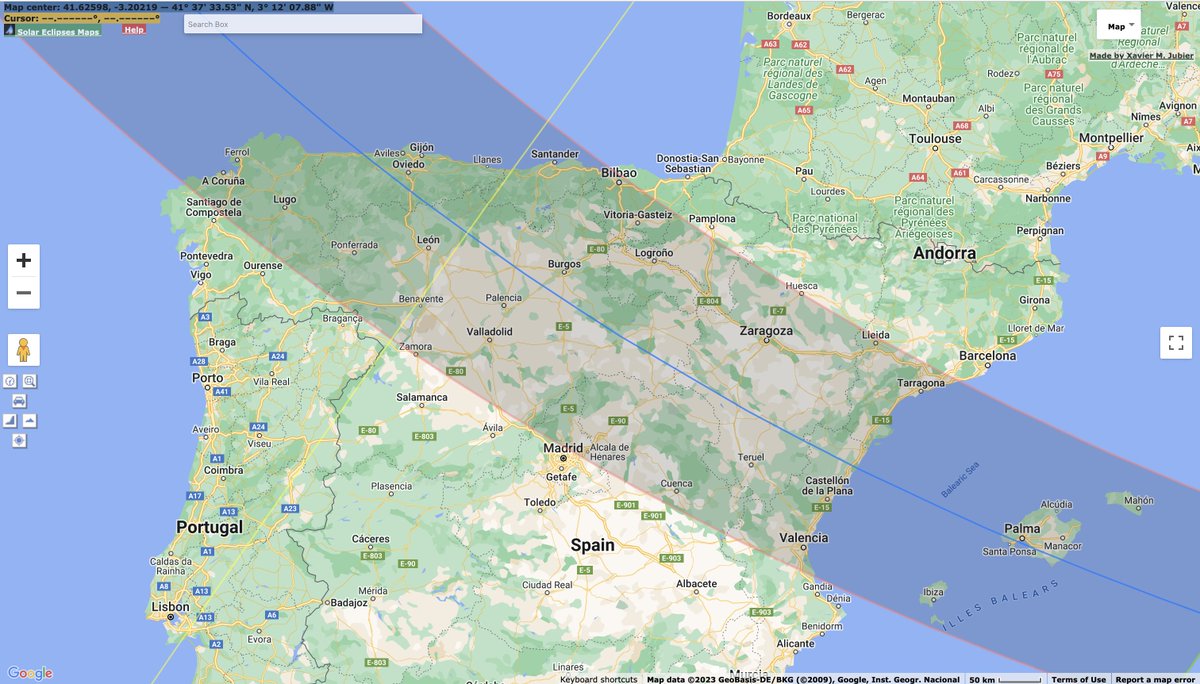 Marcad vuestras agendas! Tal día como hoy, dentro de 3 años, el mundo entero estará pendiente del eclipse total de Sol que cruzará nuestro país oscureciendo nuestros cielos. El evento  será visible en toda la zona indicada en el mapa hacia las 20:30h y por no más de 2 minutos.