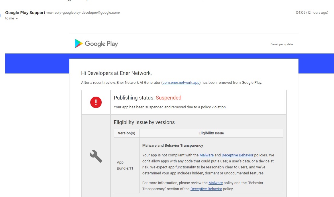 ener_network's tweet photo. 🙏Please retweet 📢Dear Community
We are being attacked by @Google   
📢The real reason: HATE
📢Their reason: Malware and @GooglePlay  Policies Violations.
📢Reality: We don't have malware and users are respected and we have improved our service with 10 updates and we are ready for any change and improvement.
The evidence of hatred are these two photos:
📢In just 3 minutes, they sent the warning,notice about the problems, deleted the application and also deleted the developer account. 3 minutes!
This kind of hatred surpasses Nazism and fascism.
We ask IT users to recommend a better, powerful platform, without hatred, without actions of a sociopathic nature, and which respects a community of 14,000 people.
We are waiting for your suggestions at enercyberalchemy@gmail.com
Also we are ready for press release.