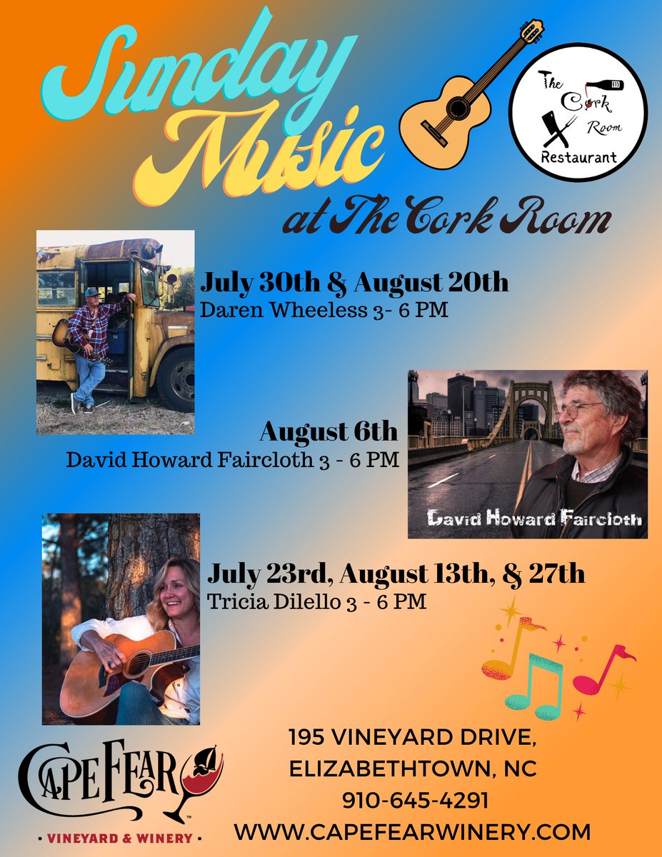 CapeFearWine's tweet photo. 🎉Our Sunday Music lineup is here to elevate your weekend!🎸 Join us at The Cork Room Restaurant on Sundays for an afternoon of live music with great food and drinks!🍴🍹

#CapeFearVineyardandWinery #CapeFearDistillery #TheCorkRoom #SundayMusic #FoodandDrink #WeekendVibes https://t.co/wc8kdqnk6H