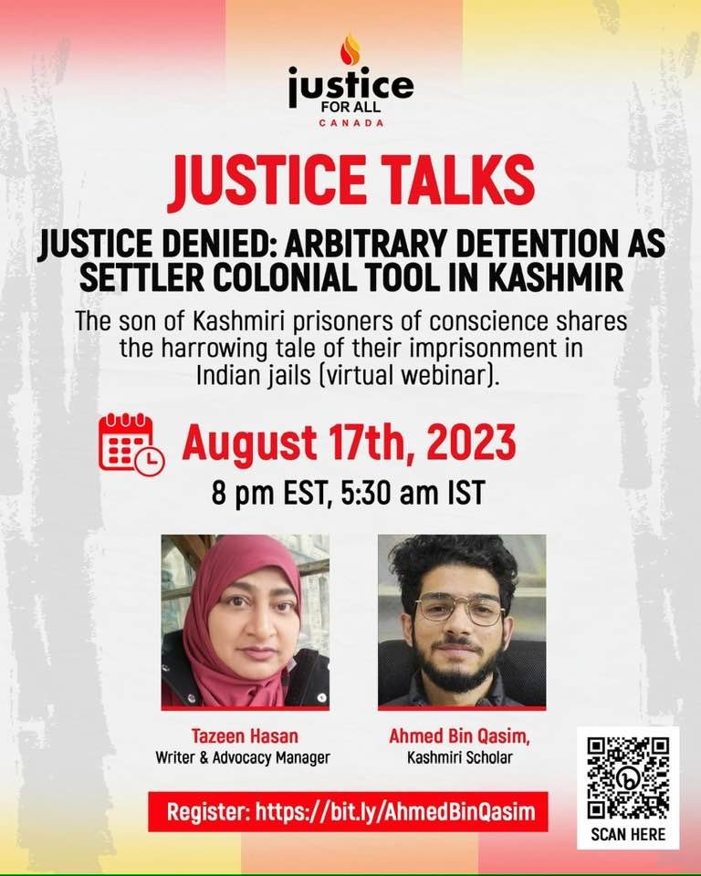 FreeKashmirOrg's tweet photo. Join @TazeenHasan of @justiceforallcn as she speaks to Ahmed Bin Qasim, son of two #Kashmiri political-prisoners, about how India uses detention and imprisonment as a colonial tool in Kashmir.

Register for the event here: 

https://t.co/ACcAoqadA1 https://t.co/ShBsdUTNuC