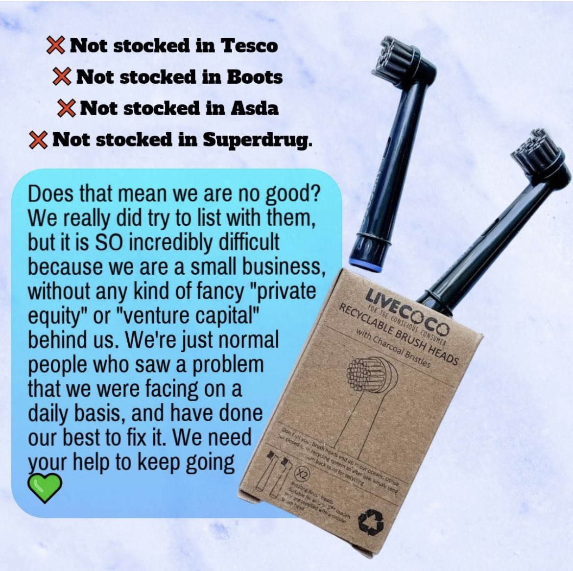 Come on <a href="/Tesco/">Tesco</a> <a href="/BootsUK/">Boots</a> <a href="/asda/">Asda</a> <a href="/superdrug/">Superdrug</a> stop promoting #singleuseplastic and start promoting <a href="/LiveCocoUK/">LiveCocoUK</a> ♻️ #toothbrushheads