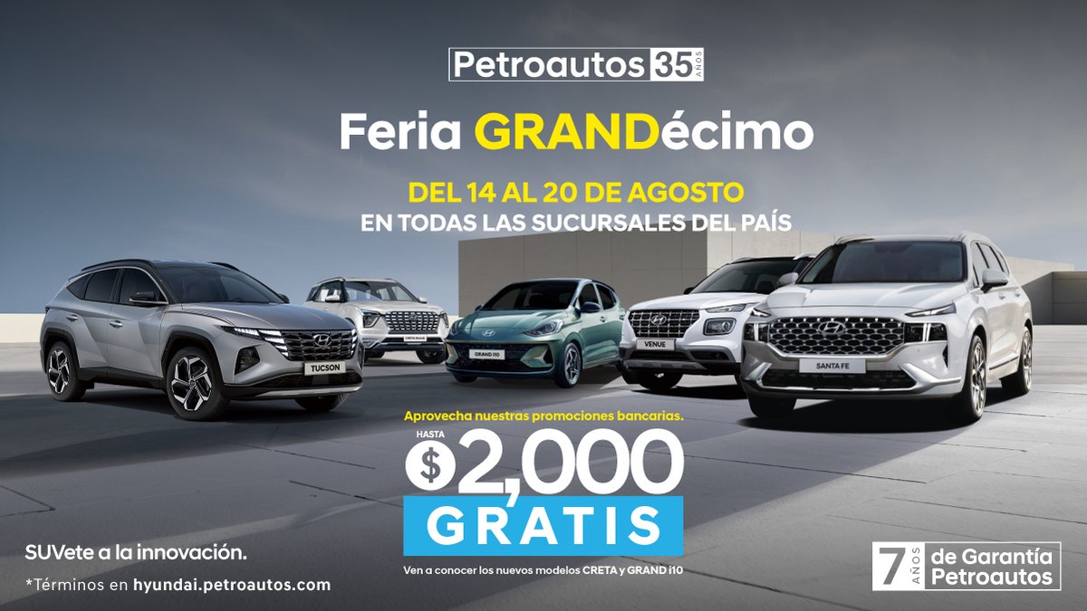 Ven a #Petroautos y disfruta de la Feria GRANDécimo del 14 al 20 de agosto. 

Aprovecha la gran promo te ofrece hasta B/.2,000 de bono para aplicarlos como quieras.

Visítanos y conoce los nuevos modelos #Hyundai CRETA y GRAND i10
#SUVete a la innovación.