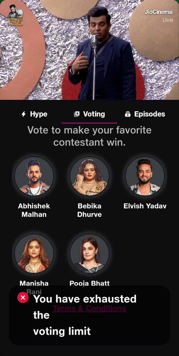juli_lbr's tweet photo. JioCinema App error issue You Have Exhausted The Vote Limit. @AbhishekMalhan4 @TriggeredInsaan @RealMaxtern @neuzboy @NeonMan_01 https://t.co/SutY8aqv5e